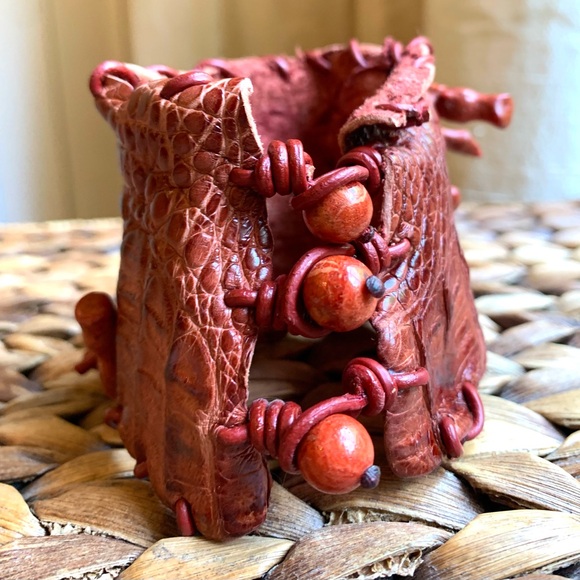 Sweet Olive Boho Red Crocodile & Coral Cuff - Picture 3 of 7